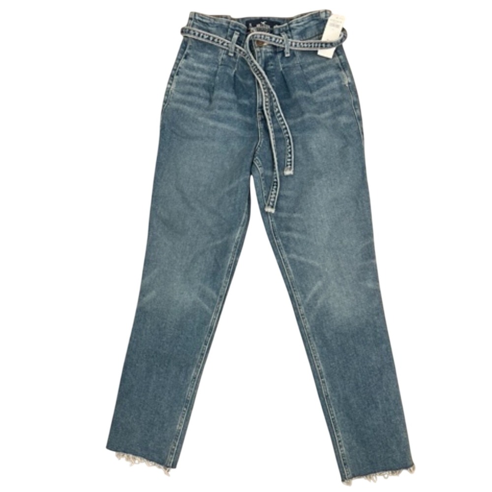 Hollister Curvy Ultra High Rise Mom Jeans Blue Denim Paperbag Waist Tie W26 L29